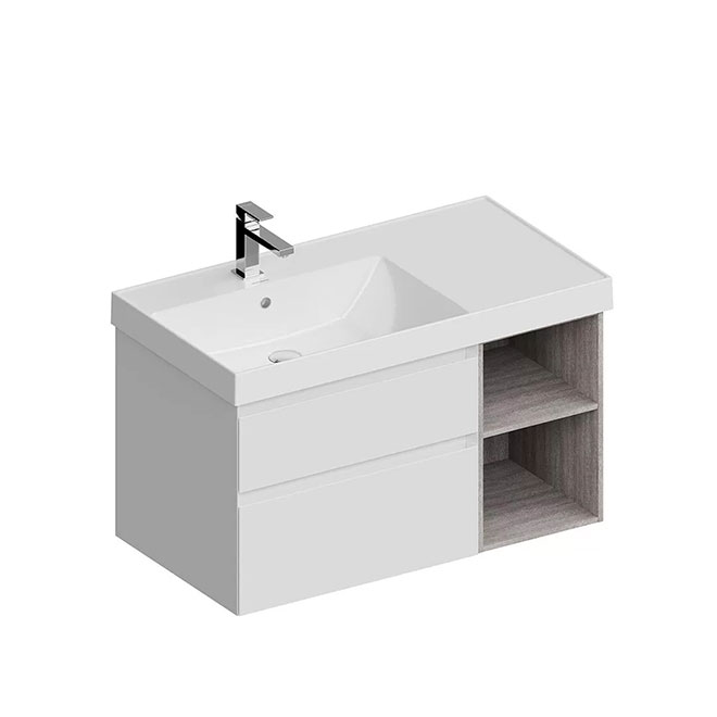 CUB.90Lh\WHT.M | Тумба CUBO левая подвесная с ящиками 90, белая матовая-древесная
