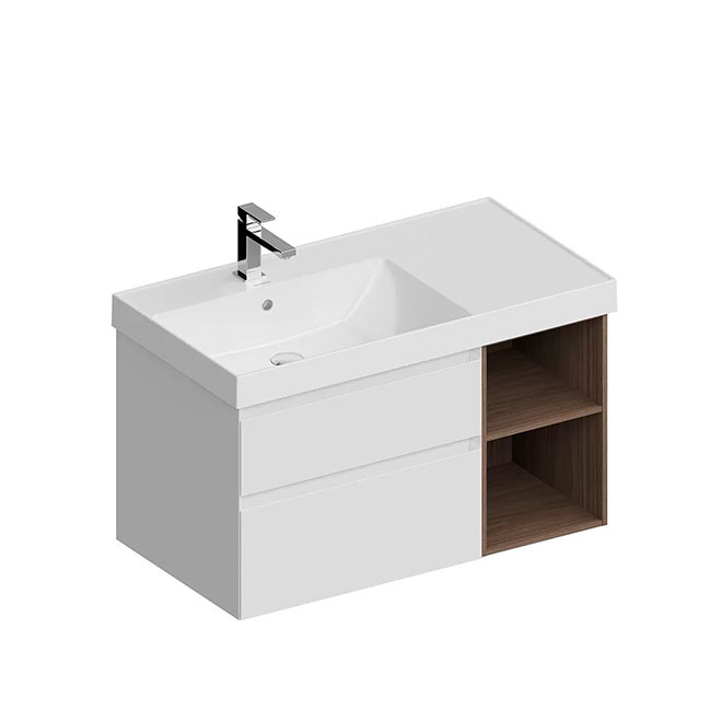 CUB.90.2Lh\WHTM.N | Тумба CUBO левая подвесная с ящиками 90, белая матовая-структ.орех