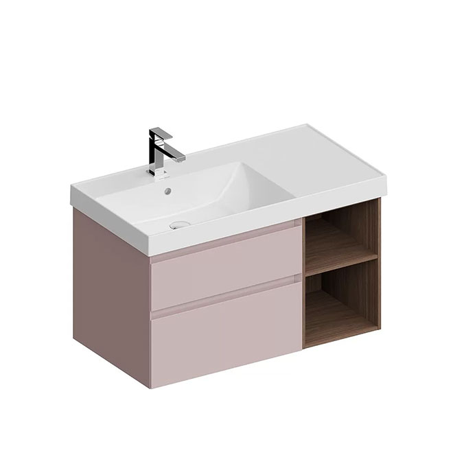 CUB.90.2Lh\MAL.N | Тумба CUBO левая подвесная с ящиками 90, мальва матовая-структ.орех