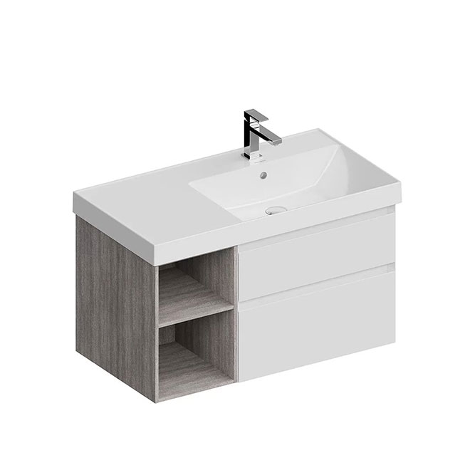 CUB.90Rh\WHT.M | Тумба CUBO правая подвесная с ящиками 90, белая матовая-древесная